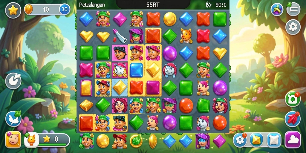 Screenshot gameplay 55RT yang menunjukkan tantangan Match-3 yang seru.