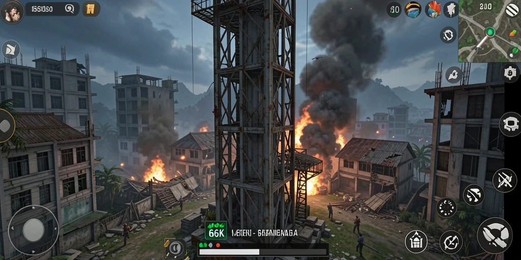Screenshot gameplay 66K menampilkan pertahanan menara yang strategis.