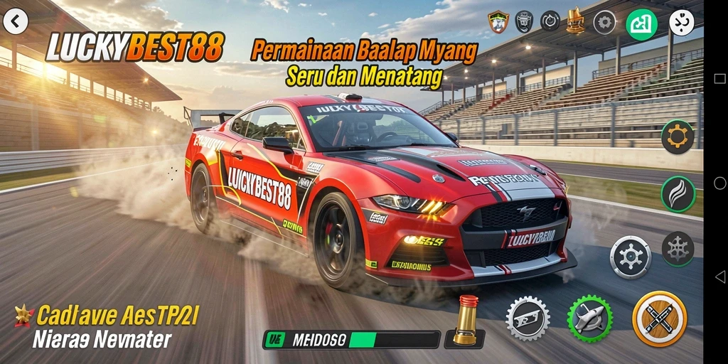 Screenshot gameplay seru LUCKYBEST88 menampilkan mobil balap melaju kencang di trek menantang.