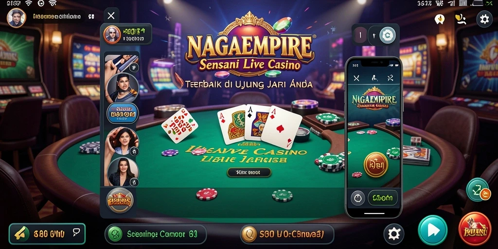 Tampilan NAGAEMPIRE menampilkan dealer langsung dalam suasana kasino yang hidup.