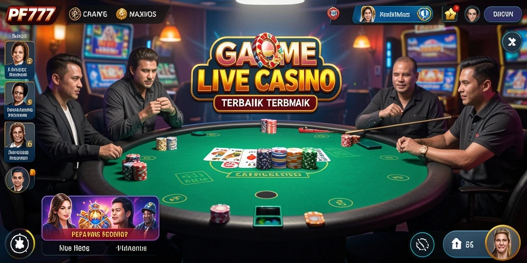 Screenshot gameplay PF777 menunjukkan dealer langsung dan suasana kasino yang hidup.
