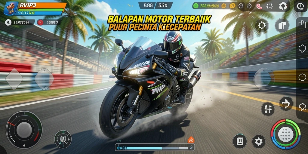 Tampilan gameplay seru dengan aksi balapan motor yang mendebarkan.